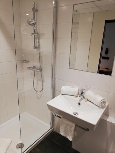 a bathroom with a sink and a shower at Hôtel des Halles in Dijon