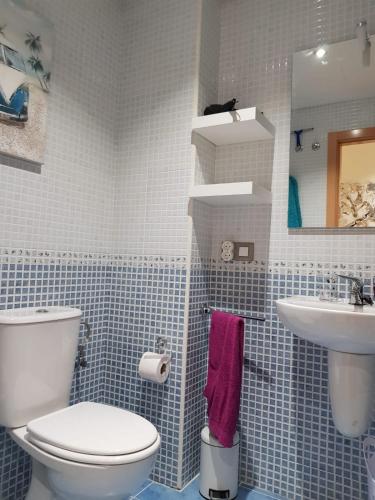 a blue tiled bathroom with a toilet and a sink at Alojamiento Ramon Cortez in Puerto del Rosario