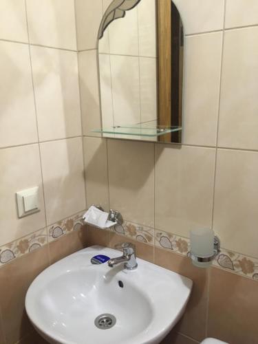 a bathroom with a sink and a mirror at Skarbivka in Vorokhta