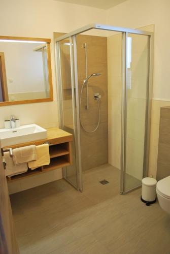 a bathroom with a shower and a sink and a toilet at Die Atempause - appartements in Flachau