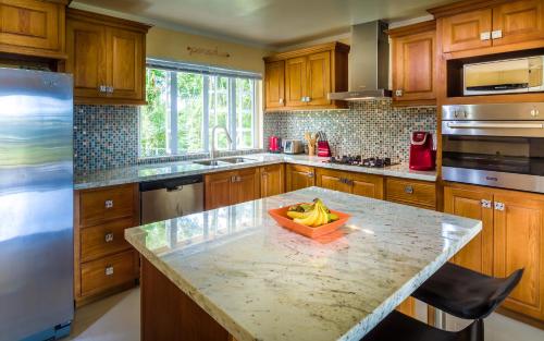 a kitchen with a bunch of bananas on a counter at flamboyantvilla in Gros Islet