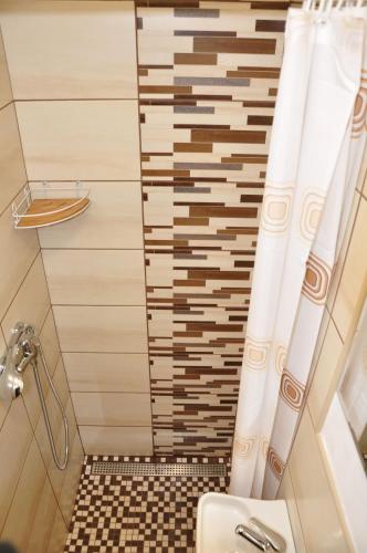 a bathroom with a shower curtain and a toilet at Forester Apartment Zuberec in Zuberec