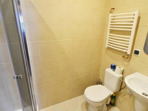 a bathroom with a shower and a toilet and a sink at Domek Na Stoku in Korbielów