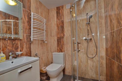 a bathroom with a shower and a toilet and a sink at Villa Gor Apartments in Bukovel