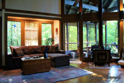 a living room with a couch and a tv at The River Chalet in Folsom