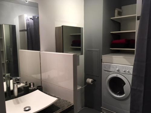 une salle de bain avec une machine à laver et un lavabo dans l'établissement Studio Disneyland Paris 2 - Terrasse, à Bussy-Saint-Georges
