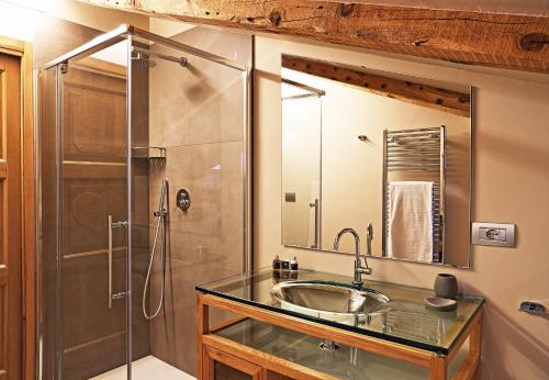 ein Bad mit einem Waschbecken und einer Dusche in der Unterkunft Le Petit Lievre in Aosta