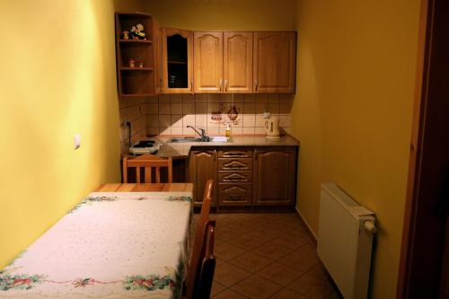 a small kitchen with a table and a sink at Rekreačný dom pod Dedovou in Oščadnica
