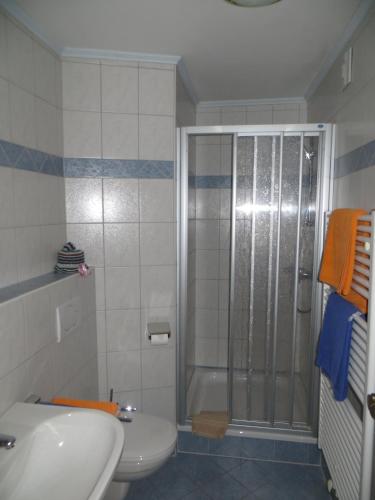 a bathroom with a shower and a toilet and a sink at Pension Theresia in Dorfgastein