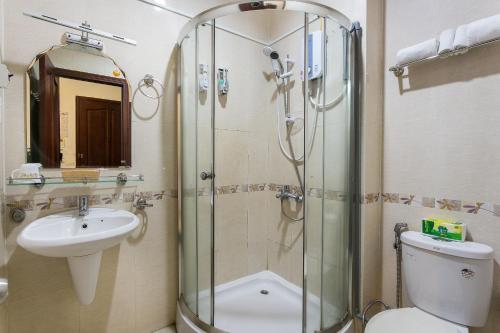 a bathroom with a shower and a toilet and a sink at Tuan Long Hotel in Ho Chi Minh City