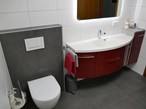 uma casa de banho com um WC branco e um lavatório. em Apartment Grunbach em Remshalden