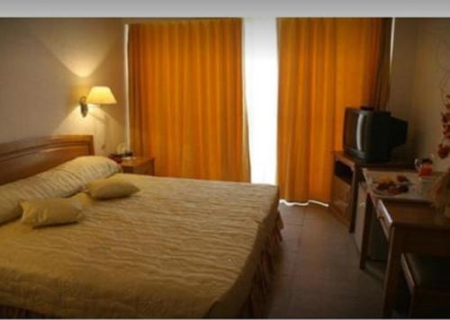 ゼラルダにあるHotel Mazafranのベッドとテレビが備わるホテルルームです。