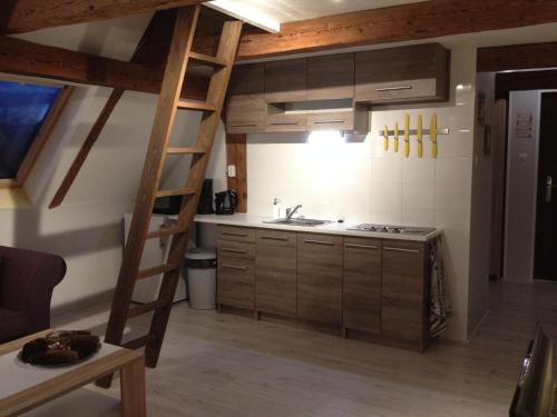 una cocina con armarios de madera y una escalera en una habitación en Pension Novy Den, en Albrechtice