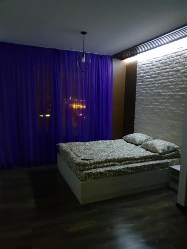 イヴァーノ・フランキーウシクにあるTravel station apartmentのベッドルーム(ベッド1台、紫色のカーテン付)