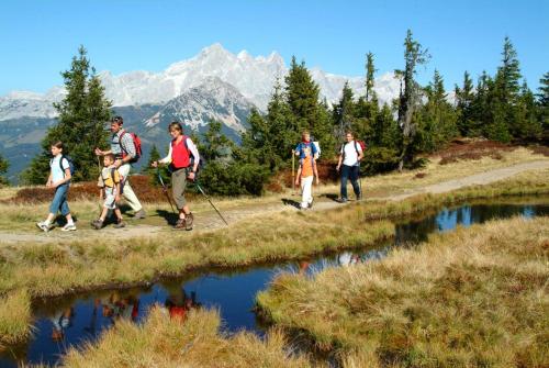 a group of people walking on a trail near a pond at Chalet Das Atrium in Radstadt