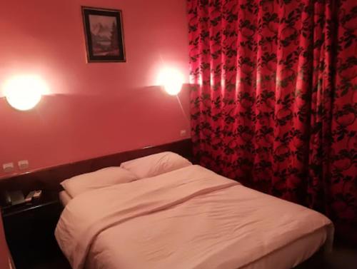 a small bedroom with a bed with a red wall at Hotel De L'aeroport in Alger