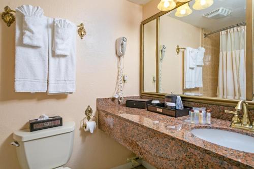 a bathroom with a sink and a toilet and a mirror at Royal Inn Beach Hutchinson Island in Fort Pierce