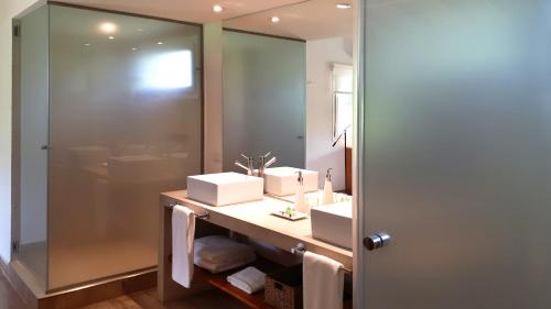 a bathroom with a sink and a mirror at Hostería & Spa De La Cascada in Tandil