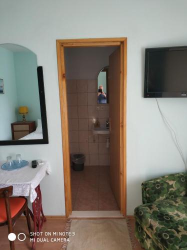 a room with a bathroom with a toilet and a mirror at Guest House Fosa in Opuzen