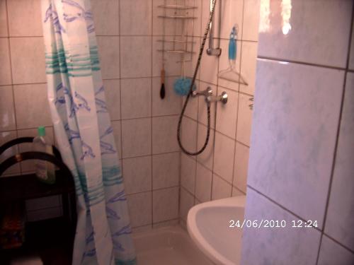 a bathroom with a shower curtain and a toilet at Villa Behija Ferienwohnung 2 Crikvenica in Crikvenica