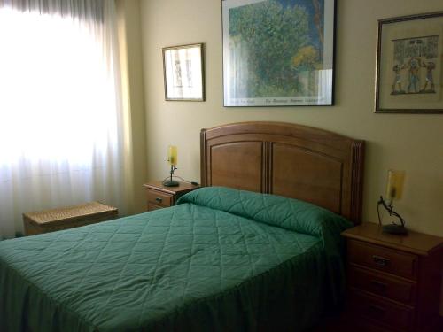 サン・ビセンテ・デ・ラ・バルケラにあるEN PLAYA SAN VICENTE DE LA BARQUERAのベッドルーム(緑のベッド1台、窓付)