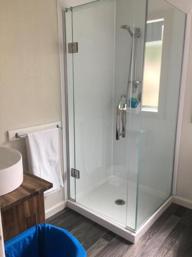 a shower with a glass door in a bathroom at 4 Parris St in New Plymouth