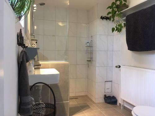 a white bathroom with a sink and a shower at Ferienwohnung Brodersen in Boren