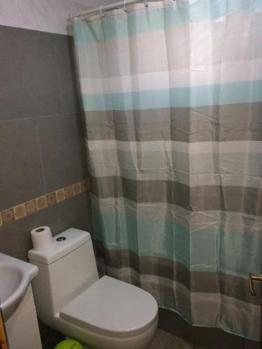 a bathroom with a toilet and a shower curtain at CASA EN PALAFITO in El Quisco