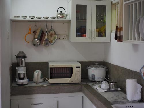 Beddegama的住宿－Florence Cottage，厨房在柜台上配有微波炉