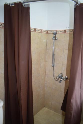 La salle de bains est pourvue d'une douche avec rideau de douche brun. dans l'établissement Seaview Kite Studio - La Gaulette, à La Gaulette