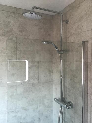 ducha con puerta de cristal y cabezal de ducha en Malvern bungalow, en Great Malvern