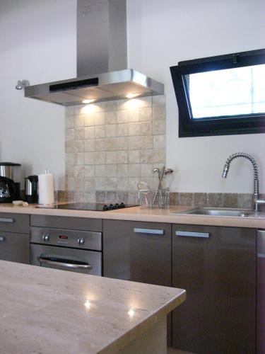 une cuisine avec un évier et une cuisinière four supérieur dans l'établissement Mas Boudeissoun - Grain de Muscat - Baignade à 600 m, à Mormoiron