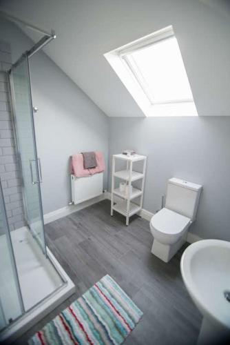 un bagno con doccia, WC e lavandino di West Haven House a Doolin