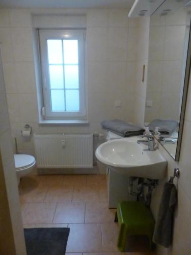 uma casa de banho com um lavatório, um WC e uma janela. em Ferienwohnung Zur Alten Eiche em Frohburg