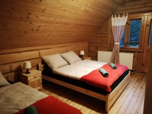 1 dormitorio con 1 cama en una cabaña de madera en Leśniczówka Przysietnica, en Przysietnica