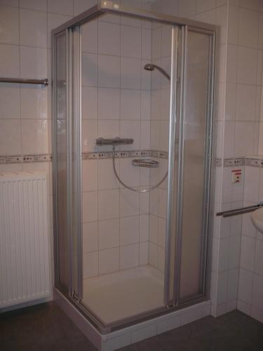 a shower with a glass door in a bathroom at Ferienhaus Becker in Schönau
