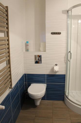 a bathroom with a toilet and a glass shower at Willa 4 Pory Roku & Uznam in Świnoujście