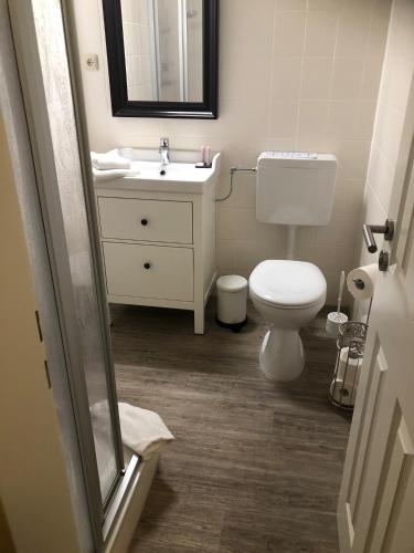 a bathroom with a white toilet and a sink at Heeren's Hotel Garni in Bensersiel
