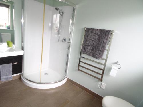 a bathroom with a shower and a sink at Twin Palms in Waikanae