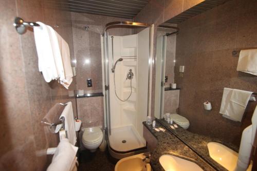 a bathroom with a sink and a toilet and a shower at Hotel Europa in Signa