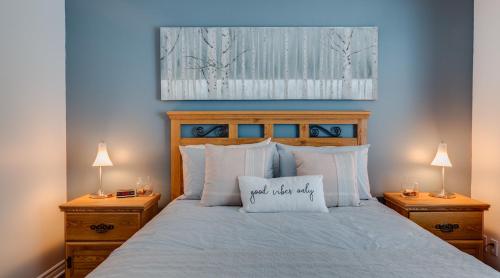 a bedroom with a bed with two night stands and two lamps at Condo Entre Ville/Nature in Magog-Orford