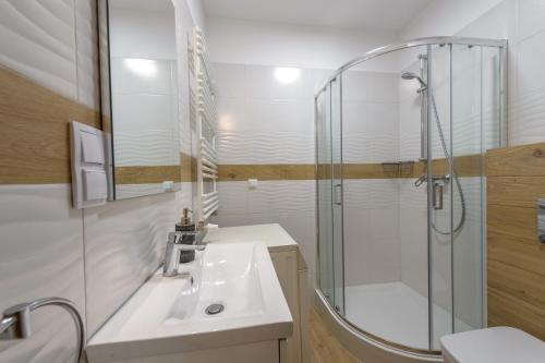 a bathroom with a sink and a shower at Apartament Jelonek Izerski - 5D Apartamenty in Świeradów-Zdrój