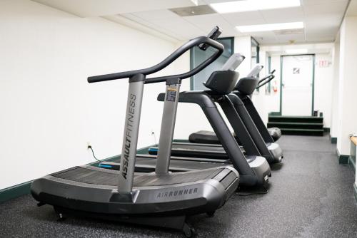 a row of exercise bikes in a gym at The Pollard Hotel in Red Lodge
