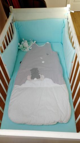 a bed in a crib with a stuffed animal in it at L'Amalgam' in Ainay-le-Vieil