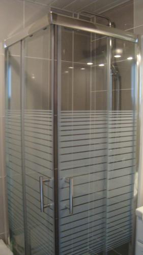 a shower stall with glass doors in a bathroom at Maison Jean le Bon in Dax