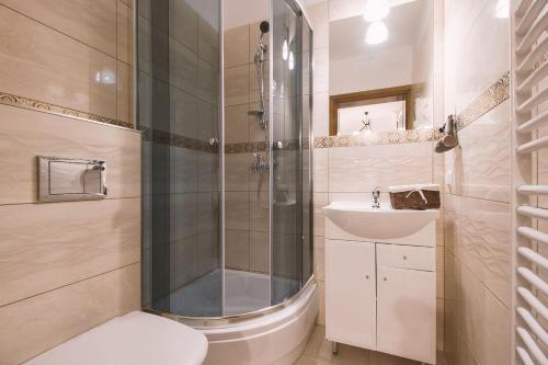 a bathroom with a shower and a toilet and a sink at Willa 35 in Leśnica