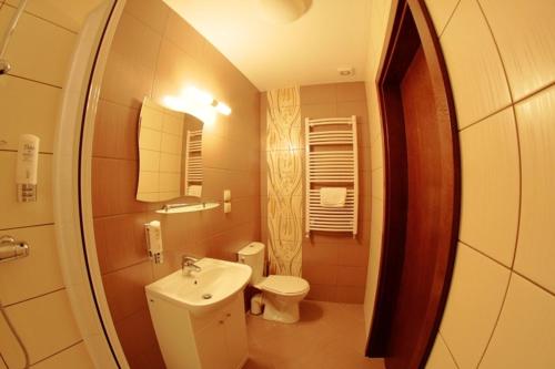 a bathroom with a sink and a toilet and a mirror at Pensjonat Żagielek in Augustów