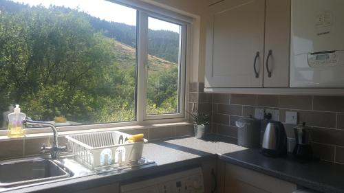 a kitchen counter with a sink and a window at Selah Cottage, 21 Queen Street in Pont-rhyd-y-fen