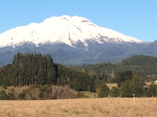 a snow covered mountain in front of a field and trees at Arquería Patagonia Lodge in Puerto Varas