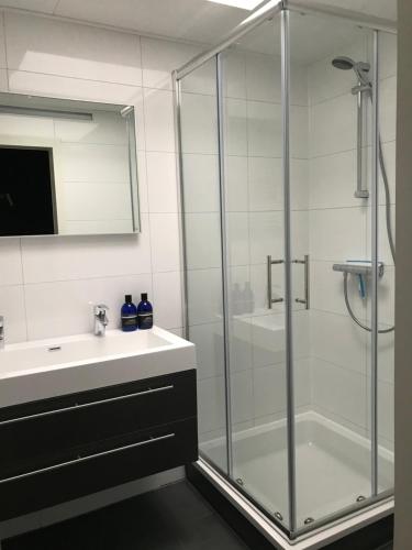 a bathroom with a glass shower and a sink at Vakantiehuis Fenna in Terherne
